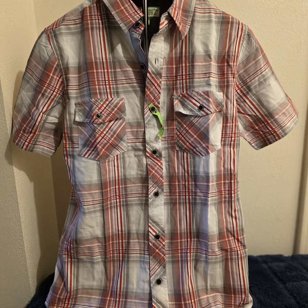 Cariloha Bamboo Blend Casual Red Plaid Button-Down Shirt for Men-Size Small